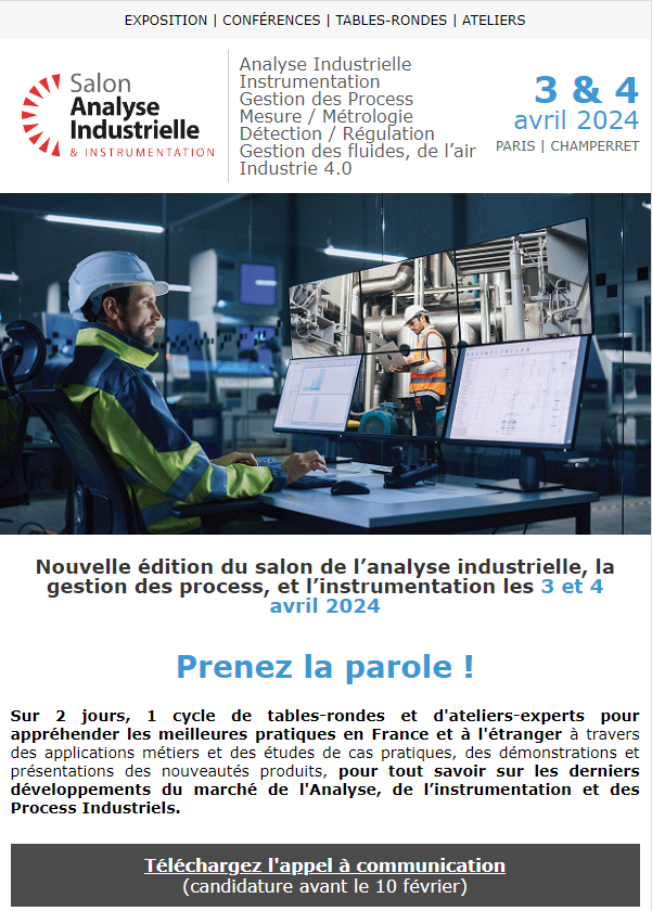 Prenez la parole ! Vous avez jusqu'au 10 février pour nous faire parvenir vos candidatures pour intervenir au Salon Analyse Industrielle et Instrumentation qui se déroule les 3 et 4 avril 2024 à Paris - Champerret. Dossier de candidature 👉analyse-industrielle.fr/news-2024-4.ht…
