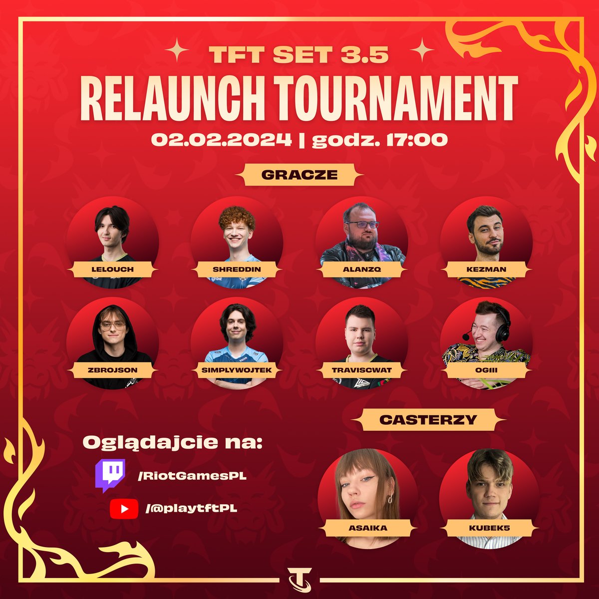 Tęskniliście za esportowymi emocjami? 👊 Ogłaszamy turniej, w którym zobaczycie najbardziej kultowych graczy z polskiej sceny TFT. 🔥 

📅 02.02 godz. 17:00 
🟣  twitch.tv/riotgamespl oraz youtube.com/@playtftPL