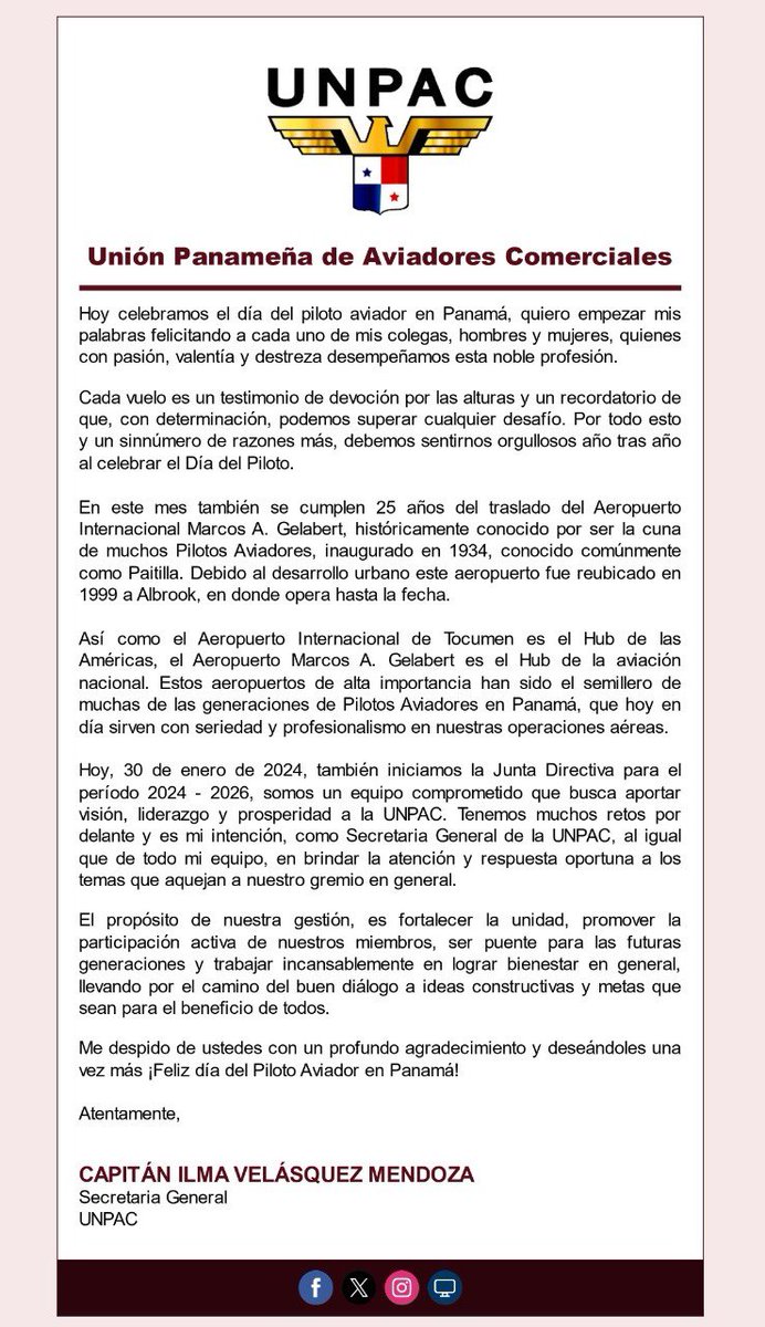 unpacpty's tweet photo. Mensaje de la capitán Ilma Velásquez Mendoza, Secretaria General de la UNPAC, en honor al Día del Piloto Aviador en Panamá. https://t.co/Y6Fc3sz5BF