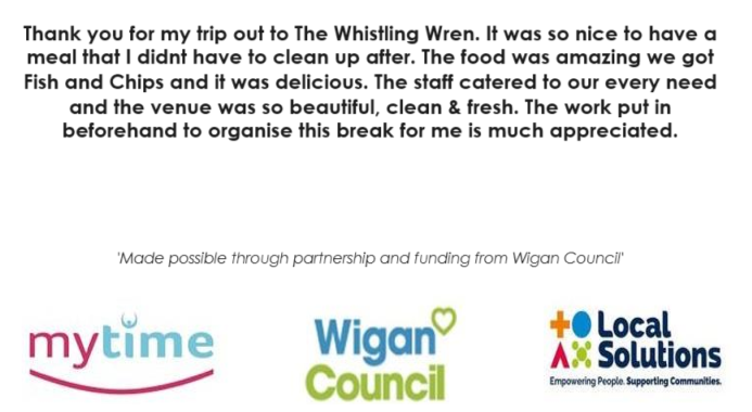 MytimeWigan's tweet image. Teresa recently visited @WhistlingWren  for a lovely meal with her friend. 🍽🥰

We love the happy feedback we get from our carers! 😀

@WiganCouncil @LocalSolutions_ 

#mealout #caringforcarers #timewithfriends