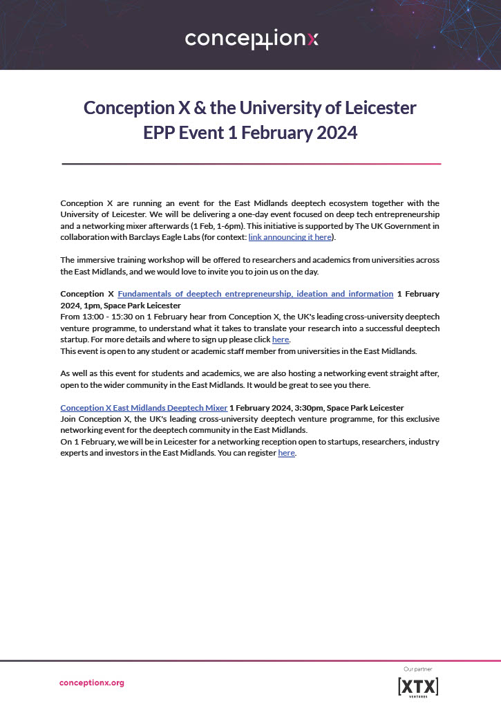 Join this event hosted by @conceptionxtech and the @uniofleicester on Feb 1, focused on deeptech entrepreneurship! Register here: eventbrite.co.uk/e/east-midland…