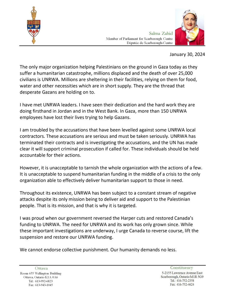 SalmaZahid15's tweet photo. My statement regarding funding for UNRWA, its work for Palestinians in Gaza and the charges leveled against it. https://t.co/lFvT2wNfKX