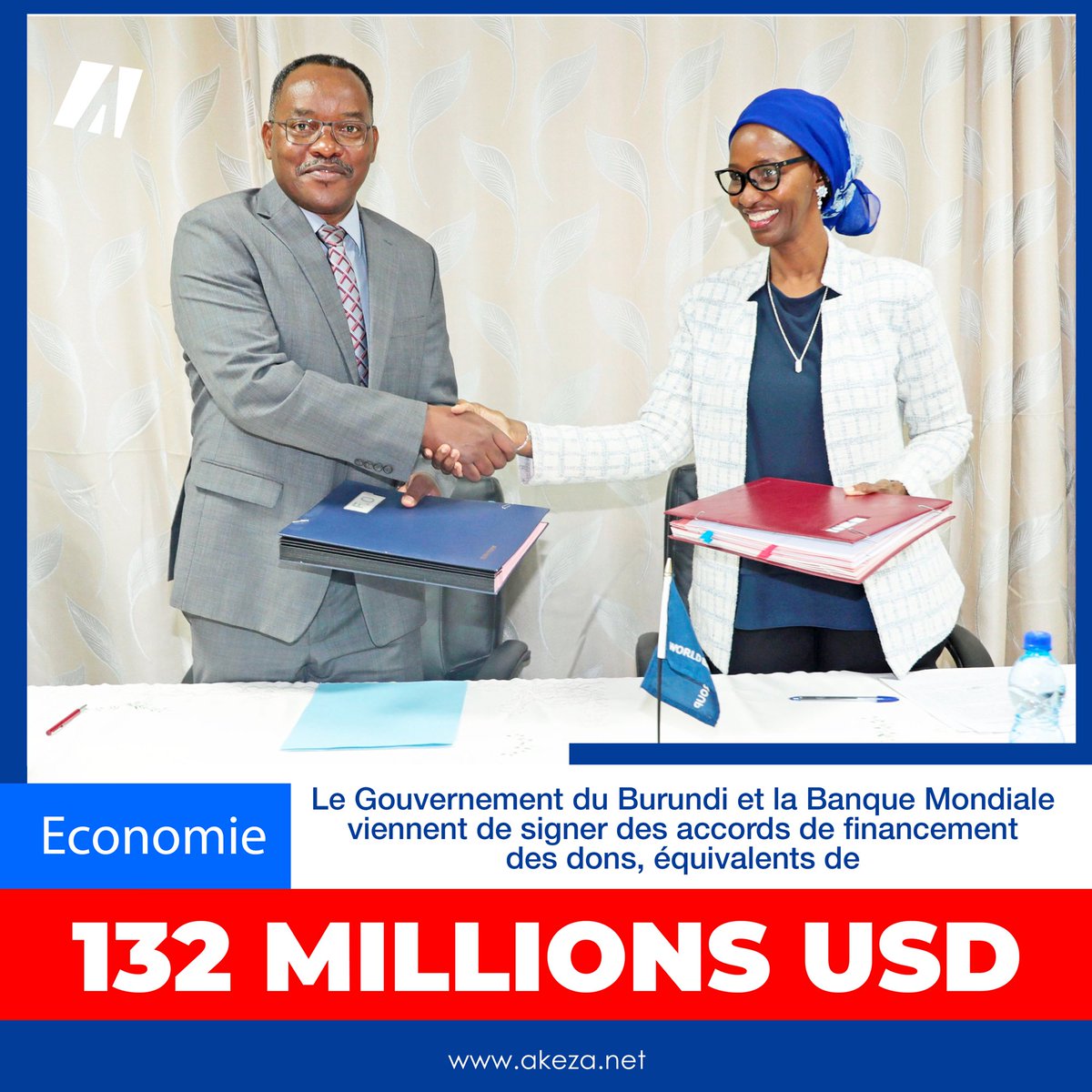 🔴 😍 Le <a href="/BurundiGov/">Bureau du Premier Ministre</a> et la <a href="/Banquemondiale/">Banque mondiale</a> viennent de signer des accords de financement des dons, équivalents de 132 millions de USD.

Il s’agit des accords de financement additionnel de trois projets, à savoir : le Projet d'Appui aux Fondations de l'Economie Numérique (42