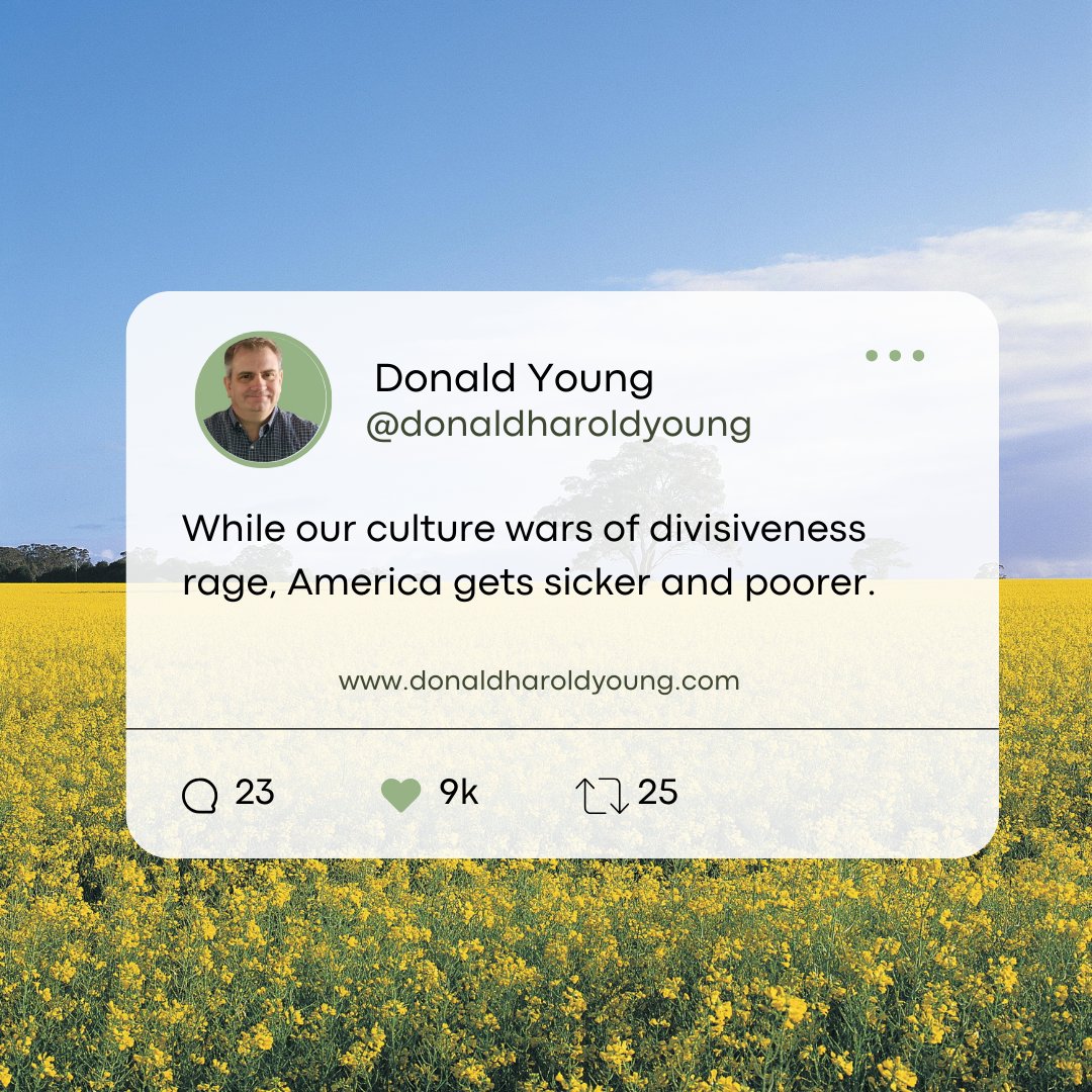 'While our culture wars of divisiveness rage, America gets sicker and poorer.' - Donald Young  

#calmheart #reflectiveflow #innerharmony #faithfulpresence #serenejourney #mindfulmoments #gratitudeheart #tranquilspirit #inspiredliving #peacefulreflection