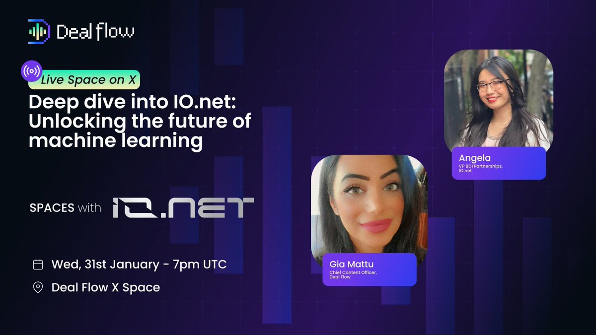 🎙 Join us on the @dealflowpodcast space where we will be deep-diving into io.net and discussing the future of machine learning. 

🗓 January 31st, 7 PM UTC  

Set your reminders below - we hope to see you there!