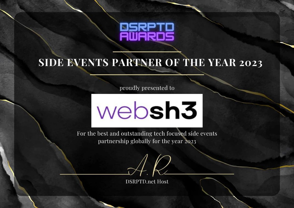 🥳🎖️😃 #websh3 won #DSRPTDAWARDS  for the Tech Side Events Partner Globally 
thank you @DSRPTDTweets for this year-long partnership 🙏
#DSRPTDwebsh3 #blockchainevents