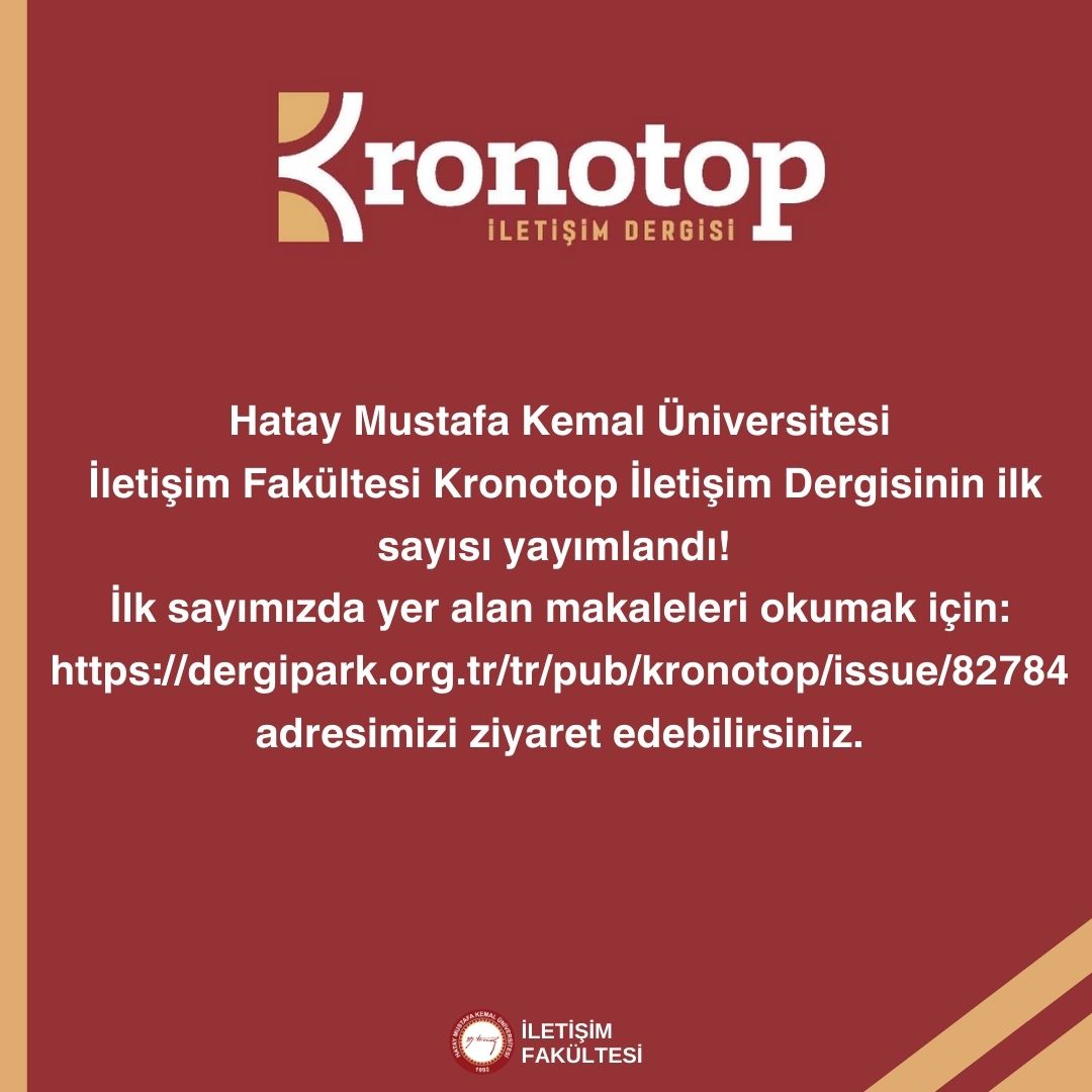 📢Dergimizin ilk sayısı yayımlandı!
Katkı sağlayan tüm araştırmacılarımıza, hakemlerimize ve editör kurulumuza teşekkür eder iyi okumalar dileriz.

📎dergipark.org.tr/tr/pub/kronotop