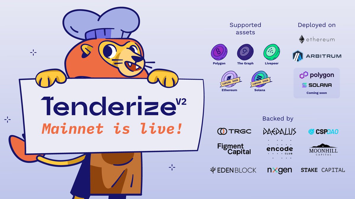 tenderize_me's tweet photo. 🎉 Tenderize Mainnet is LIVE!

🥳 Welcome to a new era with the first credibly neutral liquid staking protocol. Backed by crypto OGs and over 40 node operator partners, we're pioneering liquid staking 2.0.

app(dot)tenderize(dot)me

Join us to experience a customizable, decentralized staking journey on MATIC on @ethereum and GRT + LPT on @arbitrum network!