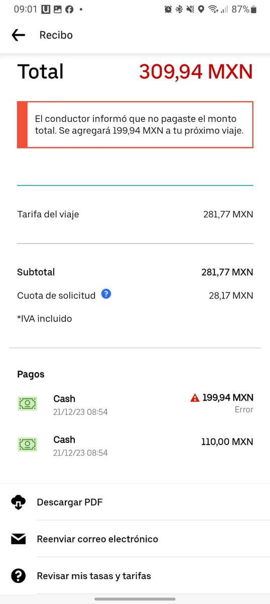 unaextranamass's tweet photo. Quisiera reportar a @Uber_MEX un conductor me estafo, viaje el 21 de diciembre en un viaje de 310 pesos y pague con uno de 500, la persona me informo que no tenia cambio por lo que me iba a quedar a deber 50 pesos y puso que no le pague, de un viaje de 310 le pague 360 pesos + https://t.co/eTLSzRkYGQ