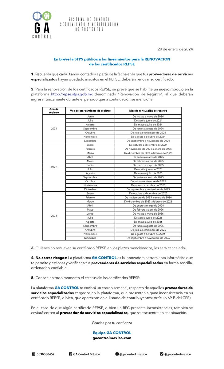 gacontrolmexico's tweet photo. 🚨 ¡IMPORTANTE COMUNICADO! ¡Este 2024 comienza la RENOVACIÓN de los certificados REPSEl! 

La STPS prepara los lineamientos para la RENOVACION de los  certificados  REPSE.
¡No corras riesgo y entérate del estatus de tus proveedores de SERVICIOS ESPECIALIZADOS! #NOTICIA https://t.co/nSQmFhITkC