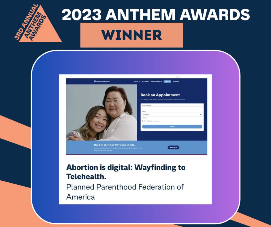 WE WON!!!!! 🏆

Thank you to everyone who voted, and to the #AnthemAwards, for selecting our ‘Abortion is digital: Wayfinding to Telehealth’ campaign as the 3rd annual winner. 

We’re honored, and ready to continue this vital work.