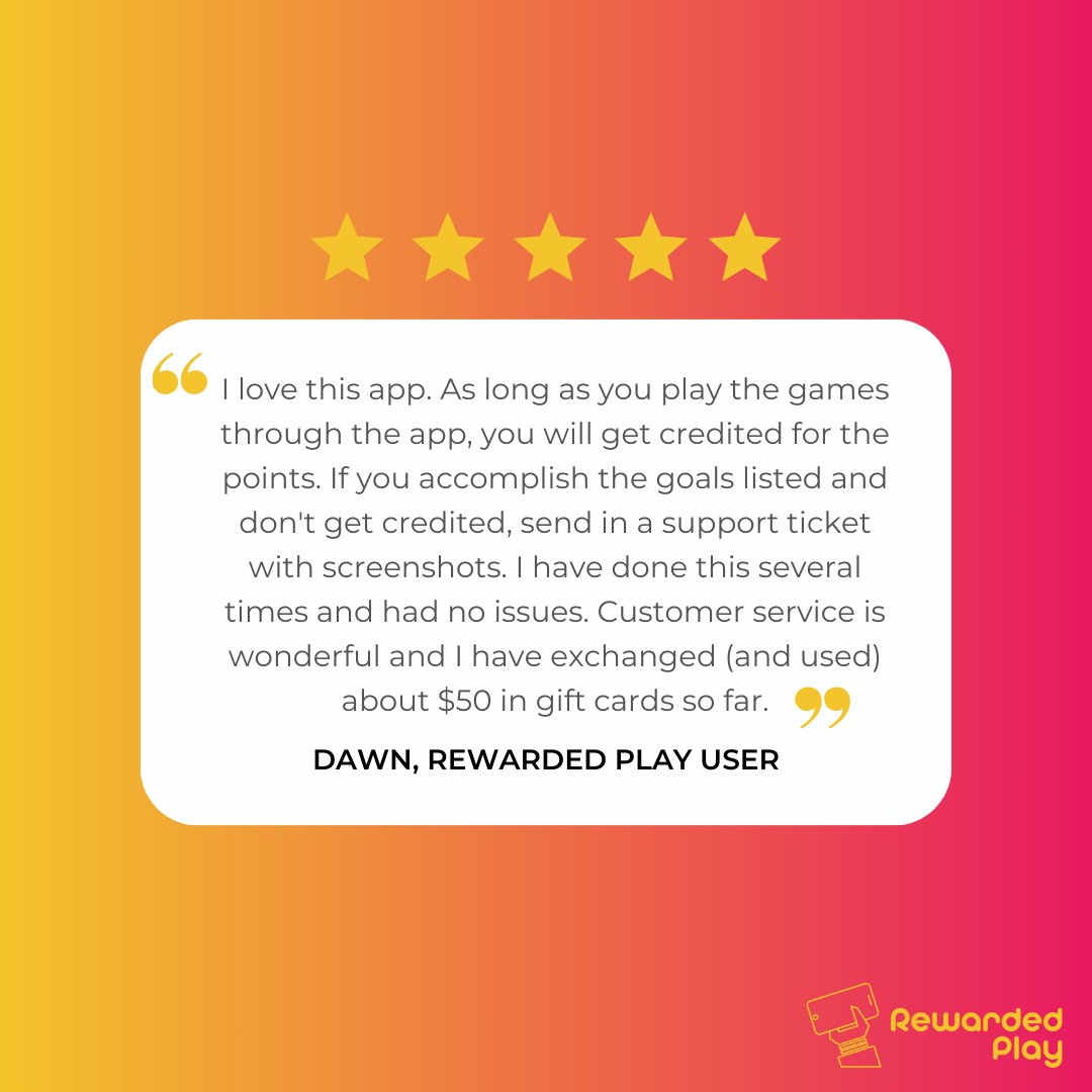 rewarded_play's tweet photo. A five-star review of Rewarded Play featured directly from the Google Play store! Thank you to Dawn for the kind words and helpful advice for users! ๐ฅฐ
#rewardsapp #mobilegaming #gamer #mobilegamer #videogames #mobilegames #appgames #rewardedplay https://t.co/9u5jbLWMpo