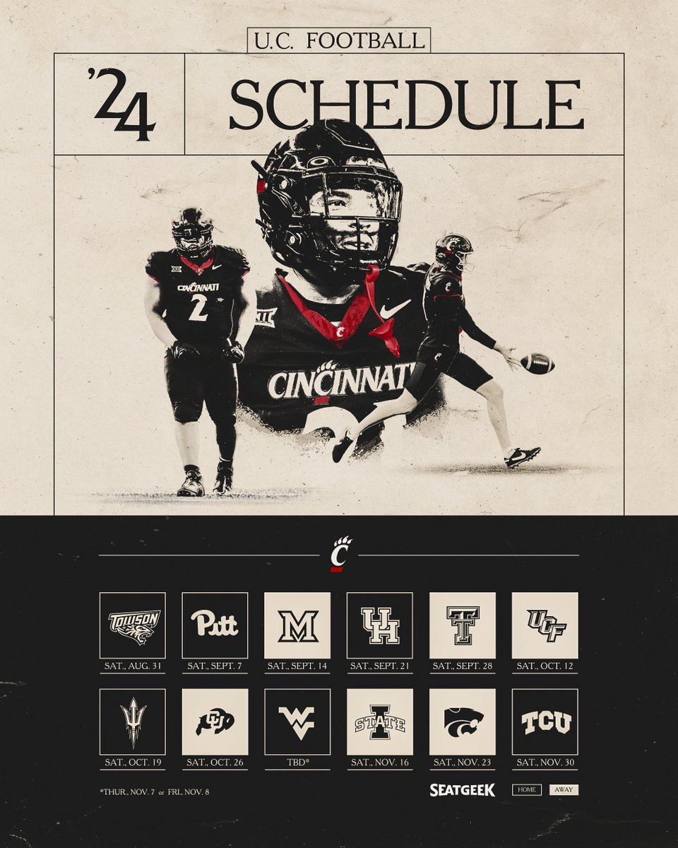 GoBEARCATS's tweet photo. 💥 The slate is set! 💥

Join @GoBearcatsFB this fall as we celebrate the 100th anniversary of the dedication of Nippert Stadium. 🏟️

📝: https://t.co/J1bMxozDtM
🎟️: https://t.co/LsKDaRgxJe https://t.co/NVoDgUhuf0