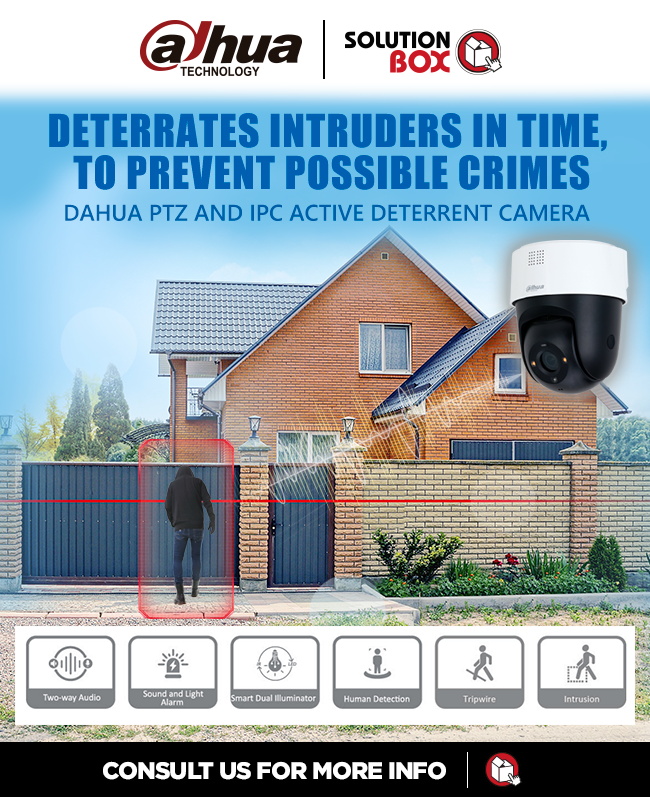 Guarding your space with precision! 🚨 Our Dahua PTZ and IPC Active Deterrent Camera deterrates intruders in real-time, preventing possible crimes before they happen. 🕵️ Available in stock at Solution Box, contact to alejandra_murillo@solutionboxusa.com 📧