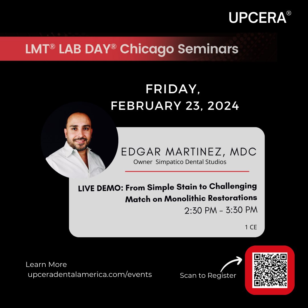 Register now for this LIVE DEMO! 👀Watch as Edgar Martinez takes you through his range of techniques to achieve amazing esthetics using Upcera's #Realism Stain and Glaze. Scan or visit to register hubs.ly/Q02gCy4P0

#LMTLABDAY #dentaltechnicians #dentallab