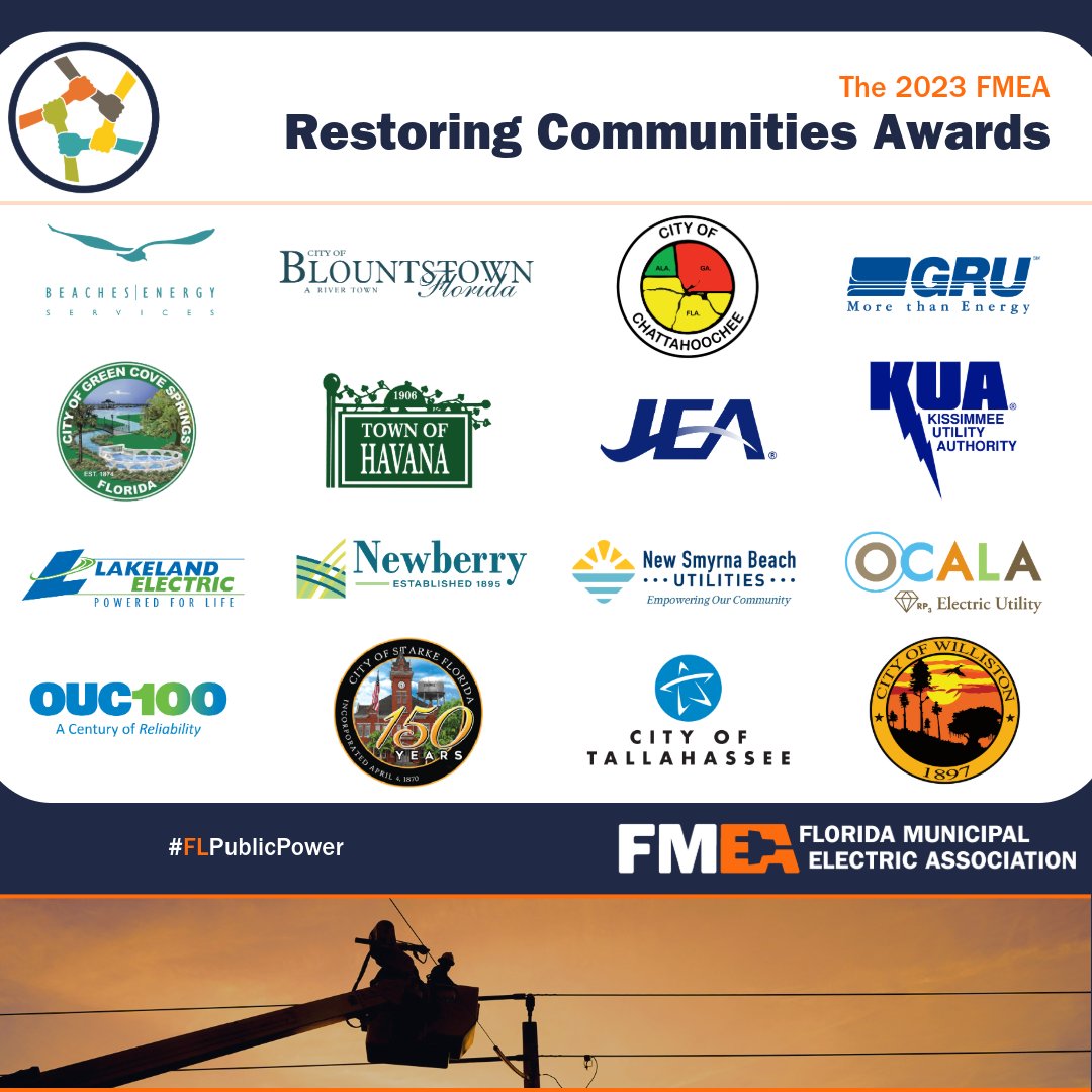flpublicpower's tweet photo. Congrats to the 16 #FLPublicPower utilities recognized with a 2023 Restoring Communities Award. The award recognizes #PublicPower utilities for their exemplary power restoration efforts to their own communities & for providing or receiving mutual aid following significant weather events or when fellow public power communities were in need of extra assistance.

These Florida public power utilities were honored for their efforts to restore power quickly & safely when called on in 2023. This not only included providing mutual aid assistance following the unprecedented landfall of Hurricane #Idalia in the Big Bend region, but for other weather & non-weather-related emergencies.

FMEA is proud to serve as the mutual aid coordinator for Florida’s 33 public power utilities. Read the full announcement here: https://t.co/9BSTThtTMa. (Also pictured: @newberryfl)