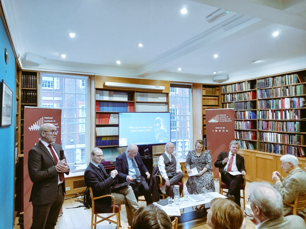 NIESRorg's tweet photo. The event has started, with our @EconSteveM introducing @ProfGraemeRoy who is chairing the first panel with contributions from @UofGAsbs' @rmacdonald7 and Kathleen Riach,  @warwickecon's Marcus Miller  and @UofGVC!

💥An absolute packed house for today's event!! https://t.co/bf2w5Zq0I5