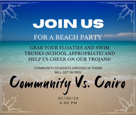 Schedule for today:
5:30 - Half of a boys JV game
6:00 - Varsity Girls game 
7:30 - Varsity Boys game

Students, bring your beach gear and get in for free!
