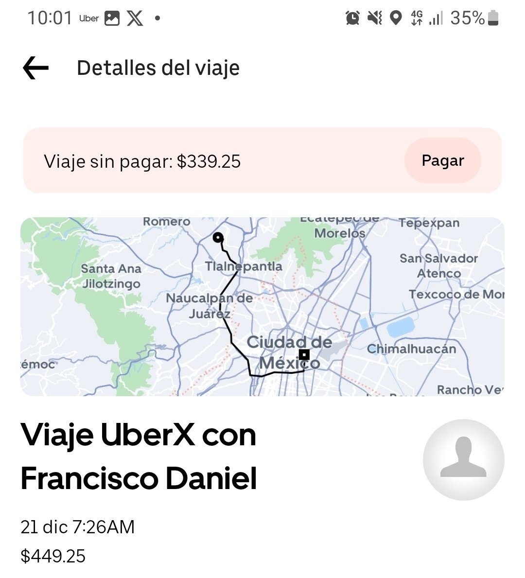 unaextranamass's tweet photo. +.. y posteriormente después de hacer mi reclamo uber modifico mi tarifa sin razon y ahora dice que le debo 339 pesos. Un viaje de 310 se convirtio en uno de 700 pesos, me parece una falta de respeto @Uber_MEX y ya van varias veces que lo reporto pero no me ayudan a solucionar https://t.co/oOA3FxWGFQ