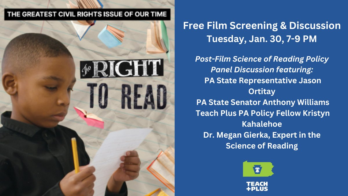 7-9pm Tonight | Online Screening of "The Right to Read" Followed by Discussion with <a href="/SenTonyWilliams/">Anthony Hardy Williams</a>, <a href="/JasonOrtitay/">Jason Ortitay</a>, <a href="/PHLschools/">Philadelphia Schools</a> teacher &amp; <a href="/TeachPlusPA/">Teach Plus PA</a> Policy Fellow Kristyn Kahalehoe &amp; Dr. <a href="/MeganGierka/">Megan Gierka</a> from <a href="/AIMtoLearn/">AIM Institute</a>.  

Register here: lnkd.in/e7kARpsb 

#PHLed