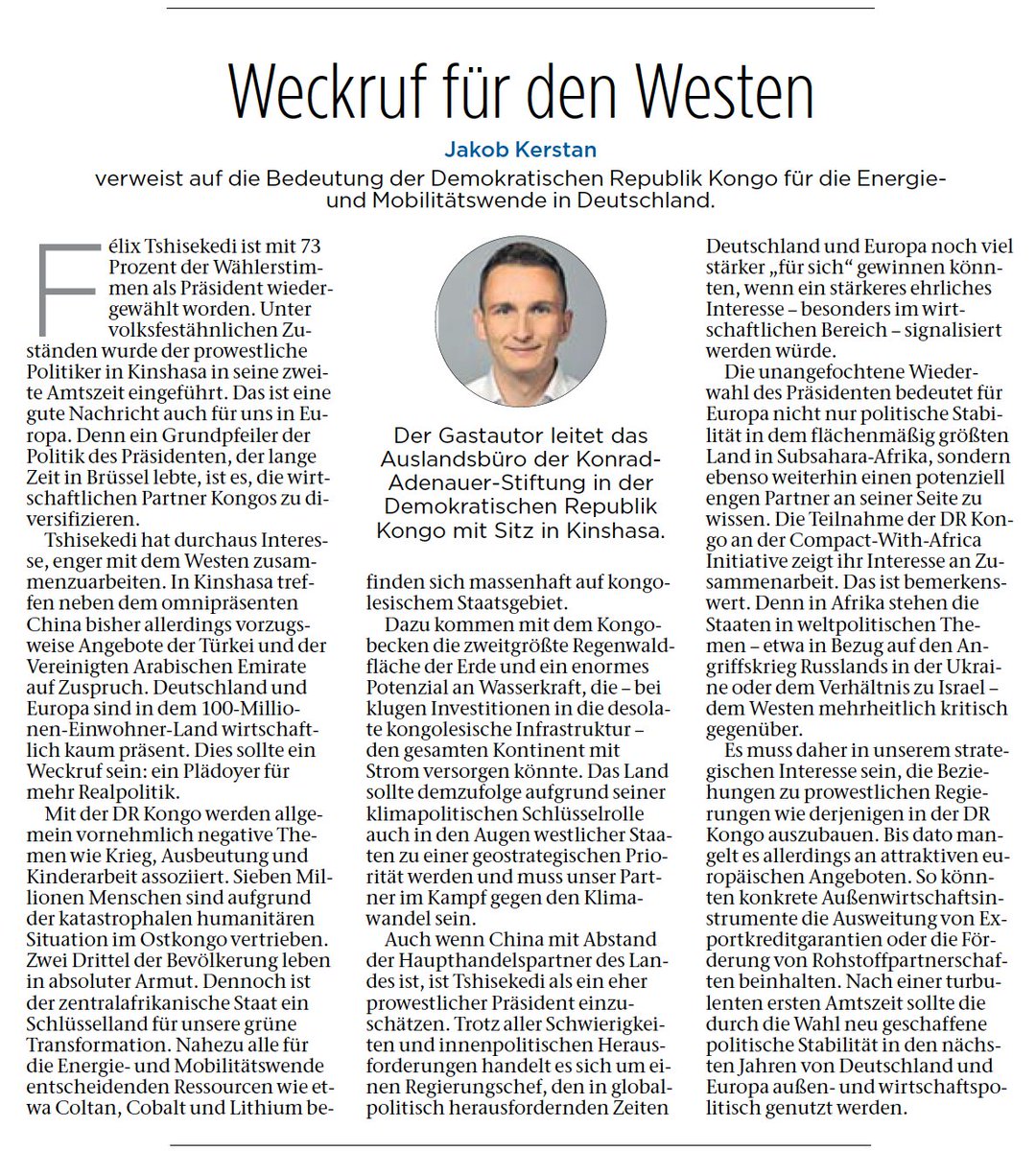 My guest article in today's Fuldaer Zeitung on the importance of the #DRCongo for #Germany following the inauguration of the new (and old) Congolese President Félix Tshisekedi: 🇨🇩🤝🇩🇪