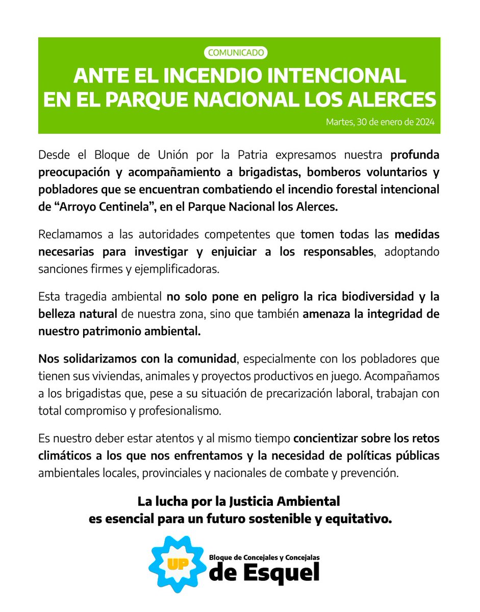 BloqueUP_Eqs's tweet photo. 📄 #COMUNICADO
ANTE EL INCENDIO INTENCIONAL EN EL PNLA

El @BloqueUP_Eqs manifiesta profunda preocupación y acompañamiento a brigadistas, bomberos voluntarios y pobladores que se encuentran combatiendo el incendio  forestal intencional de “Arroyo Centinela”, en el PN #LosAlerces. https://t.co/hx1agvSxim