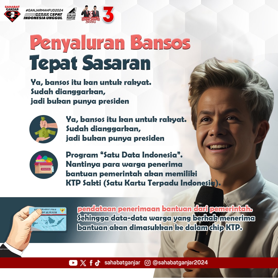 Salah sasaran dlm pemberian Bansos kpd masyarakat masih menjadi permasalahan yg sering terjadi

Mengenali fenomena ini, paslon presiden dan wapres, Ganjar-Mahfud,  komitmen untuk menyalurkan Bansos secara tepat sasaran melalui program unggulan mereka "KTP Sakti"

#SahabatGanjar