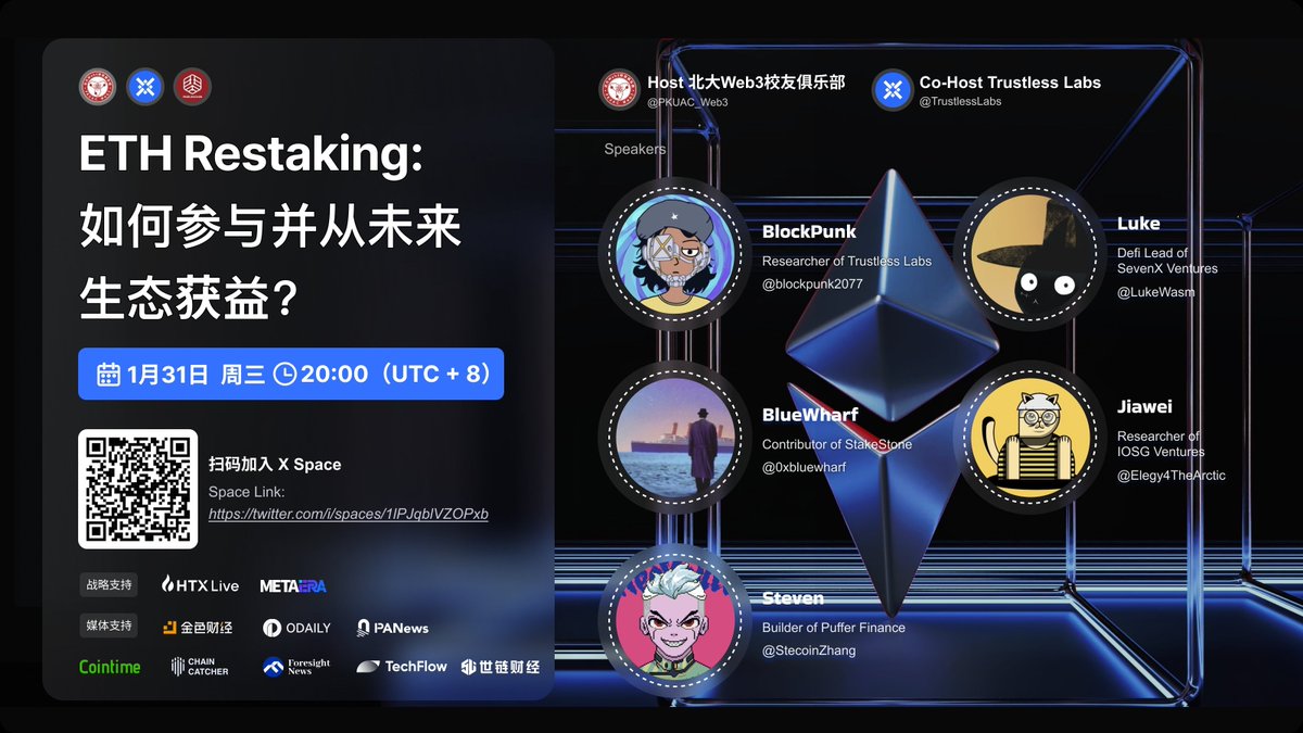 TrustlessLabs's tweet photo. 今晚8点！这次我们聊一聊 #Restaking 🔥

Restaking 崛起的动因是什么？#LST 与 #LRT 有何优势和区别？对 #ETH 生态意味着什么?  ETH 之外还有哪些Restaking 机会？🤔

来 Space 一起解锁 Restaking 赛道大咖们的精彩观点！💡

⏰ 2024 年 1 月 31 日 20:00
🙋订阅 https://t.co/0NzffTCBWW
🎙️主持
@TrustlessLabs @0x_claudia
@PKUAC_Web3 @Raymond_pkuac
🎙️嘉宾
@0xbluewharf @LukeWasm @Elegy4TheArctic @blockpunk2077 @StecoinZhang
🤝战略支持
@HTX_Live @MetaEra_Media
📝媒体支持
@JinseFinance @OdailyChina @PANewsLab @Cointime_CN @ChainCatcher_ @Foresight_News @TechFlowPost @shiliancaijing