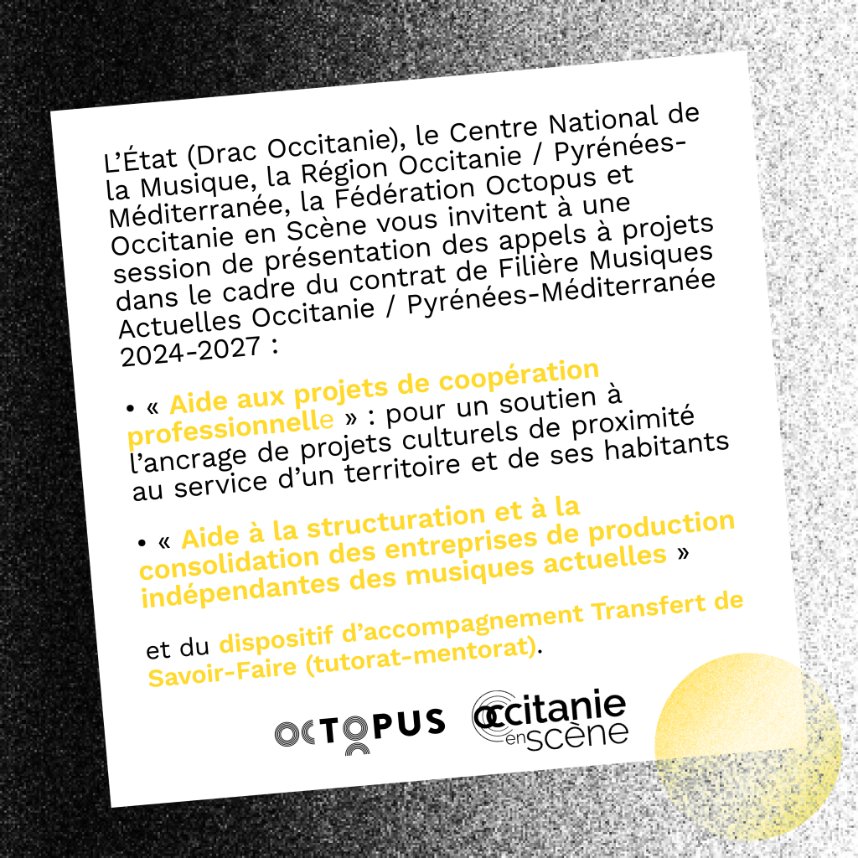 CONTRAT DE FILIÈRE MUSIQUES ACTUELLES
𝗝-𝟮 ! Assistez le 𝗝𝗲𝘂𝗱𝗶 𝟭𝗲𝗿 février 2024 de 10h30 à 12h30 au 𝗪𝗘𝗕𝗜𝗡𝗔𝗜𝗥𝗘 de présentation des appels à projets du contrat de filière (2024-2027).