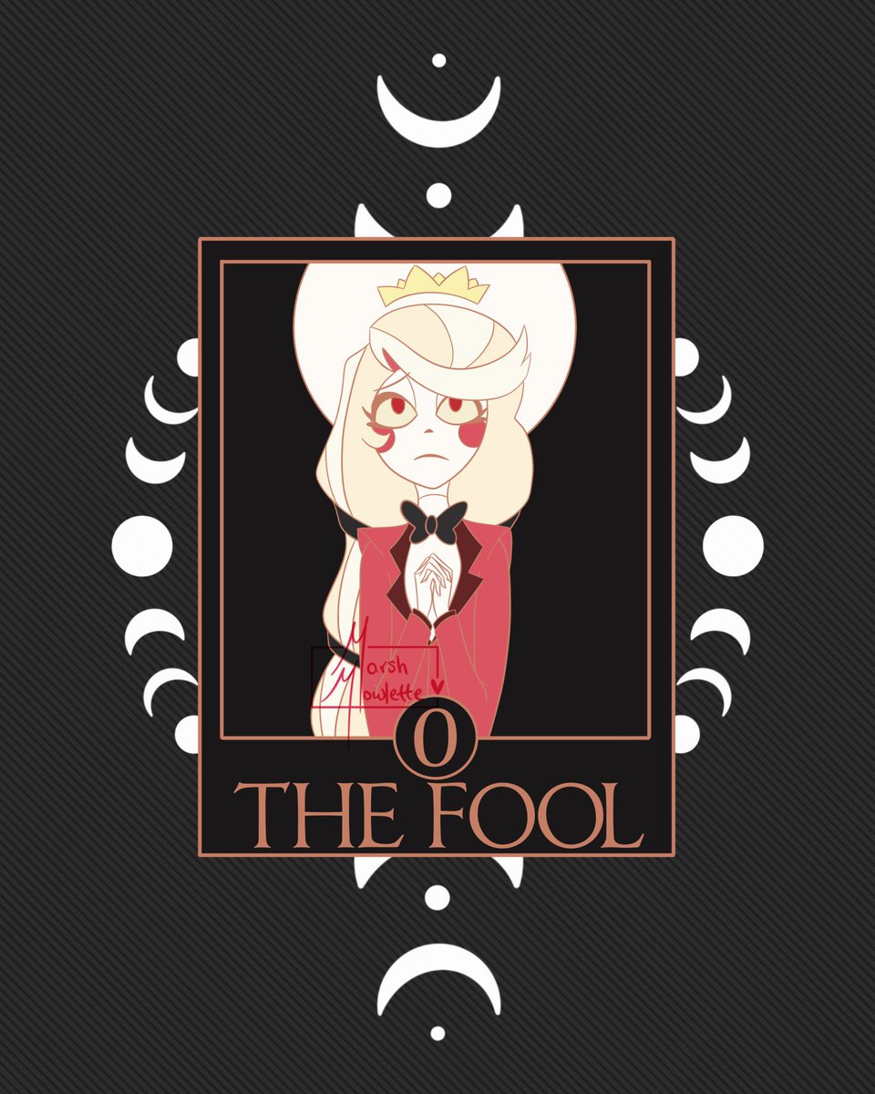 Marshmowlette's tweet photo. Now that #HazbinHotel is out I really wanted to revisit my tarot series outside of the aspect of pin design. Almost 2 years makes such a difference.

#CharlieMorningstar #HazbinHotelFanart https://t.co/c3vzTebIJx