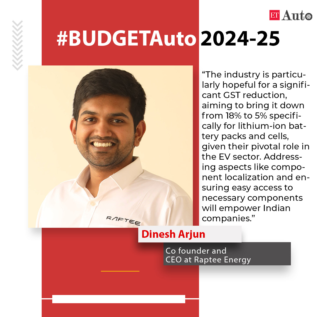 ETAuto's tweet photo. #BudgETAuto 2024-2025, @DineshArjunV- Co founder and CEO at @RapteeEnergy, says “The industry is particularly hopeful for a significant GST reduction, aiming to bring it down from 18% to 5% specifically for lithium-ion battery packs, given their pivotal role in the EV sector.” https://t.co/6TRIZWE3Jz
