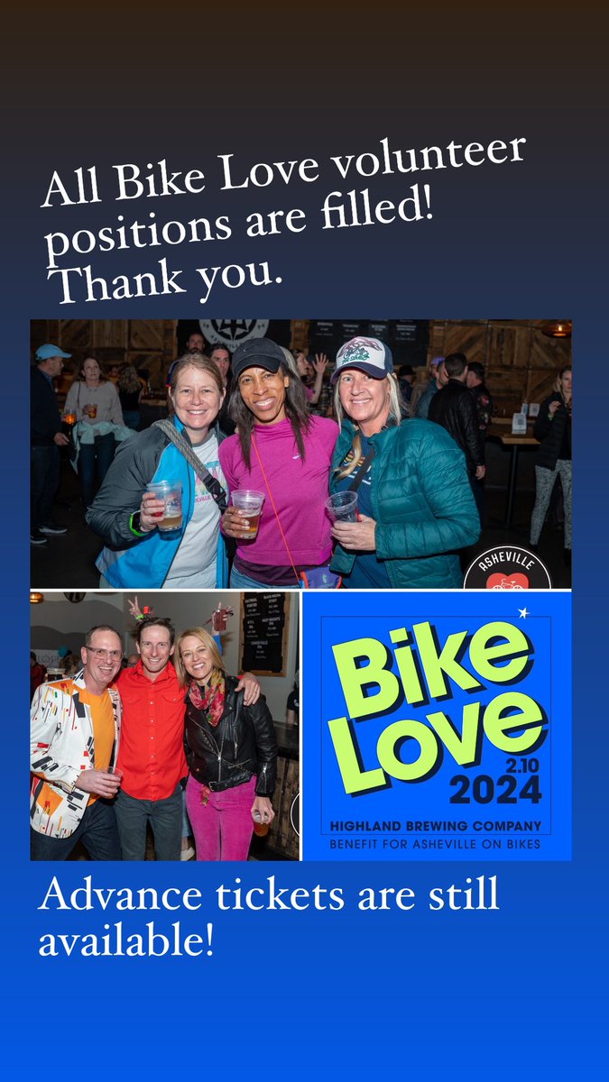 Bike Love Update: All the volunteer positions are filled! Thank you, volunteers.
Advance tickets are still available. ashevilleonbikes.com/events/ashevil… #avlbike