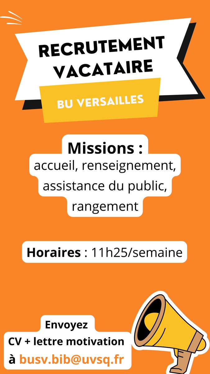 bibuvsq's tweet image. [Recrutement]  

La #BUVersailles recrute un vacataire étudiant de janvier à juin 2024. 

Si vous êtes intéressé, envoyez un CV et une lettre de motivation à busv.bib@uvsq.fr

@uvsq

#uvsq #Versailles #jobétudiant #recrutement