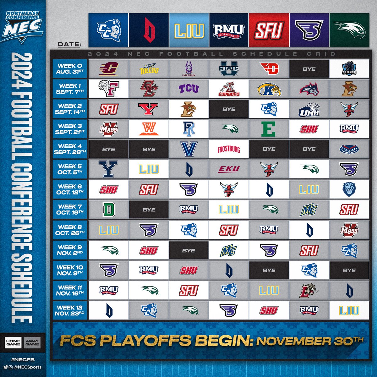 🆕 𝚜𝚎𝚊𝚜𝚘𝚗. 🆕 𝚘𝚙𝚙𝚘𝚛𝚝𝚞𝚗𝚒𝚝𝚢. 1️⃣ 𝗴𝗼𝗮𝗹. ⬆️ The 2024 @necfootball slate has dropped.😎 *️⃣ - The 2024 slate is subject to change with the potential addition of non-conference games. ℹ️ DETAILS: northeastconference.org/news/2024/1/30…