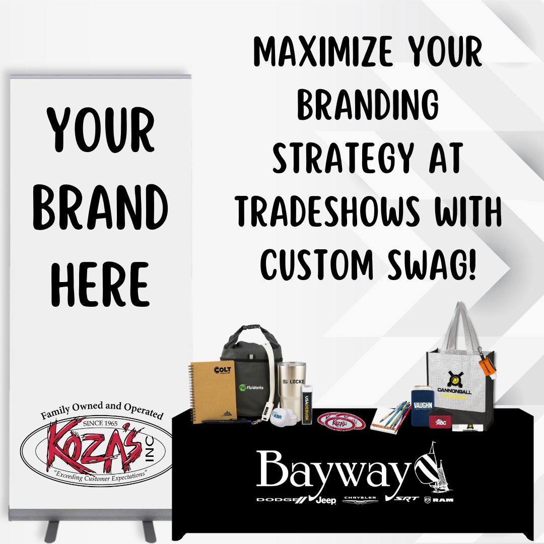KozasInc's tweet photo. Tradeshows are a great opportunity to showcase your brand and make a lasting impression on potential customers. Custom swag, such as branded pens, tote bags, and t-shirts, can be a highly effective way to maximize your branding efforts! Let us help you stand out this year! https://t.co/XjNUgzzKt9