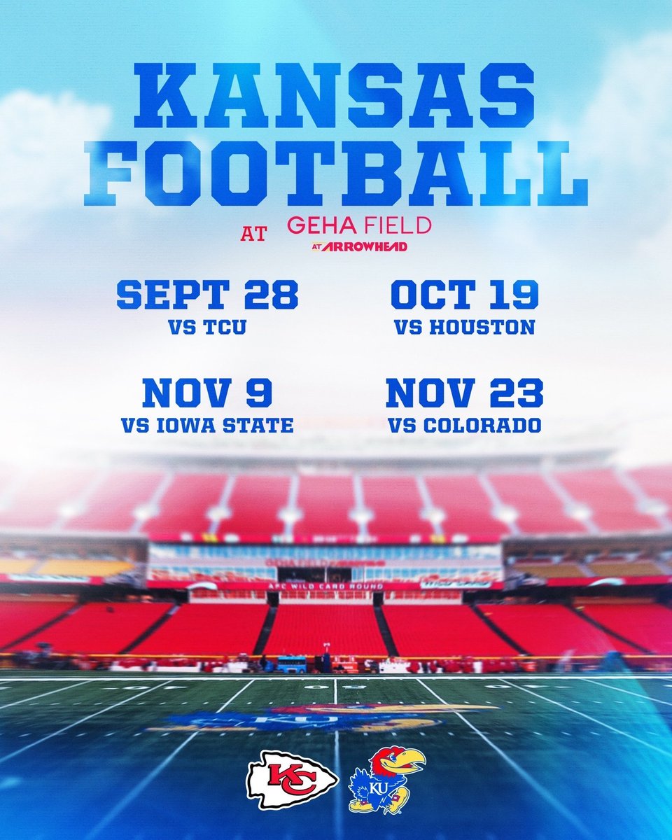 Calling all Jayhawks! We're bringing some Big 12 battles to GEHA Field at Arrowhead during the 2024 college football season. Mark these dates on your calendar to support KU in KC!