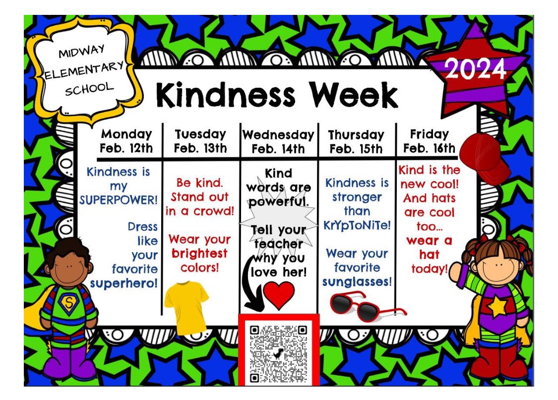 ChuckMossEDU's tweet photo. Kindness week is right around the corner! Scan the QR code and help recognize an awesome #MidwayElementary teacher! @Din_CoSchools @DCPSFACE https://t.co/bxq3tdaazk
