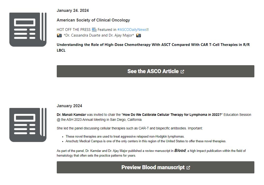 New over on the @CUHematology newsroom: - @ASCOPost Daily News article by Drs. @cduarte8490 & @majorajay (dailynews.ascopubs.org/do/understandi…) - #ASH23 @BloodJournal Education Session article about CAR-T vs BiTEs in #lymsm by Drs. @majorajay & @mana1981 (ashpublications.org/hematology/art…)