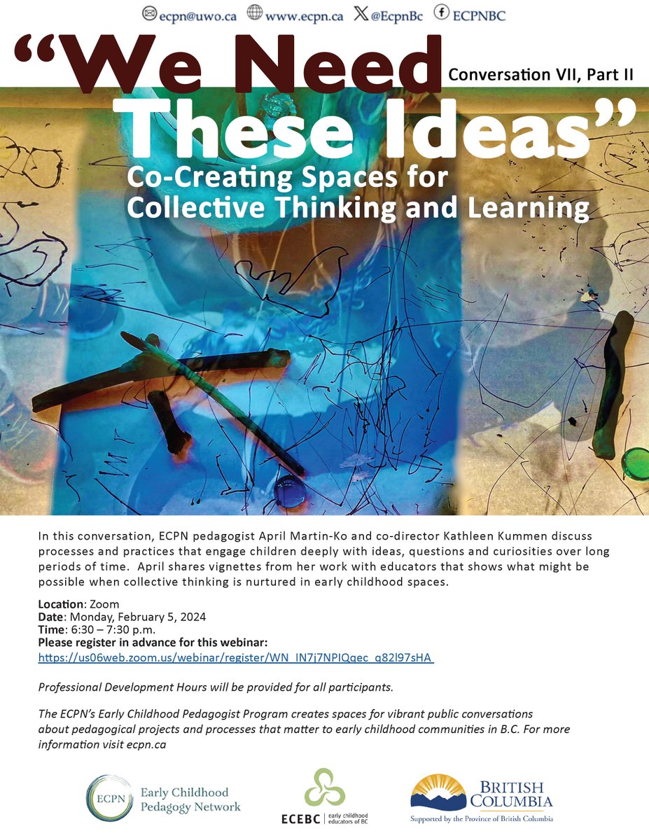 One week until ECPN's next conversation series! Join us as we discuss pedagogical practices that invite children and educators to engage deeply with ideas, questions and curiosities over long periods of time. #transformativeece

Register at: us06web.zoom.us/webinar/regist…