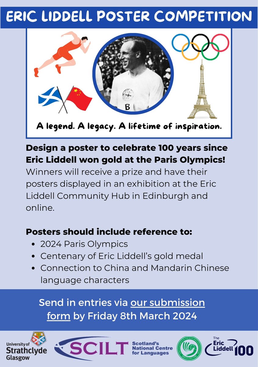 Confucius Institute for Scotland’s Schools (@cissstrathclyde) on Twitter photo 🇨🇳🏴We're collabing with <a href="/EricLiddell100/">TheEricLiddell100</a> on a poster competition celebrating the 100th anniv. of Eric Liddell's 1924 Olympics win🏅
🏆Open to🏴primary schools
🔗Info & submissions via strath.ac.uk/humanities/con…
#EricLiddell100 #LegacyCelebration #EL100 #ScotlandLovesLanguages 🇨🇳🏴We're collabing with <a href="/EricLiddell100/">TheEricLiddell100</a> on a poster competition celebrating the 100th anniv. of Eric Liddell's 1924 Olympics win🏅
🏆Open to🏴primary schools
🔗Info & submissions via strath.ac.uk/humanities/con…
#EricLiddell100 #LegacyCelebration #EL100 #ScotlandLovesLanguages