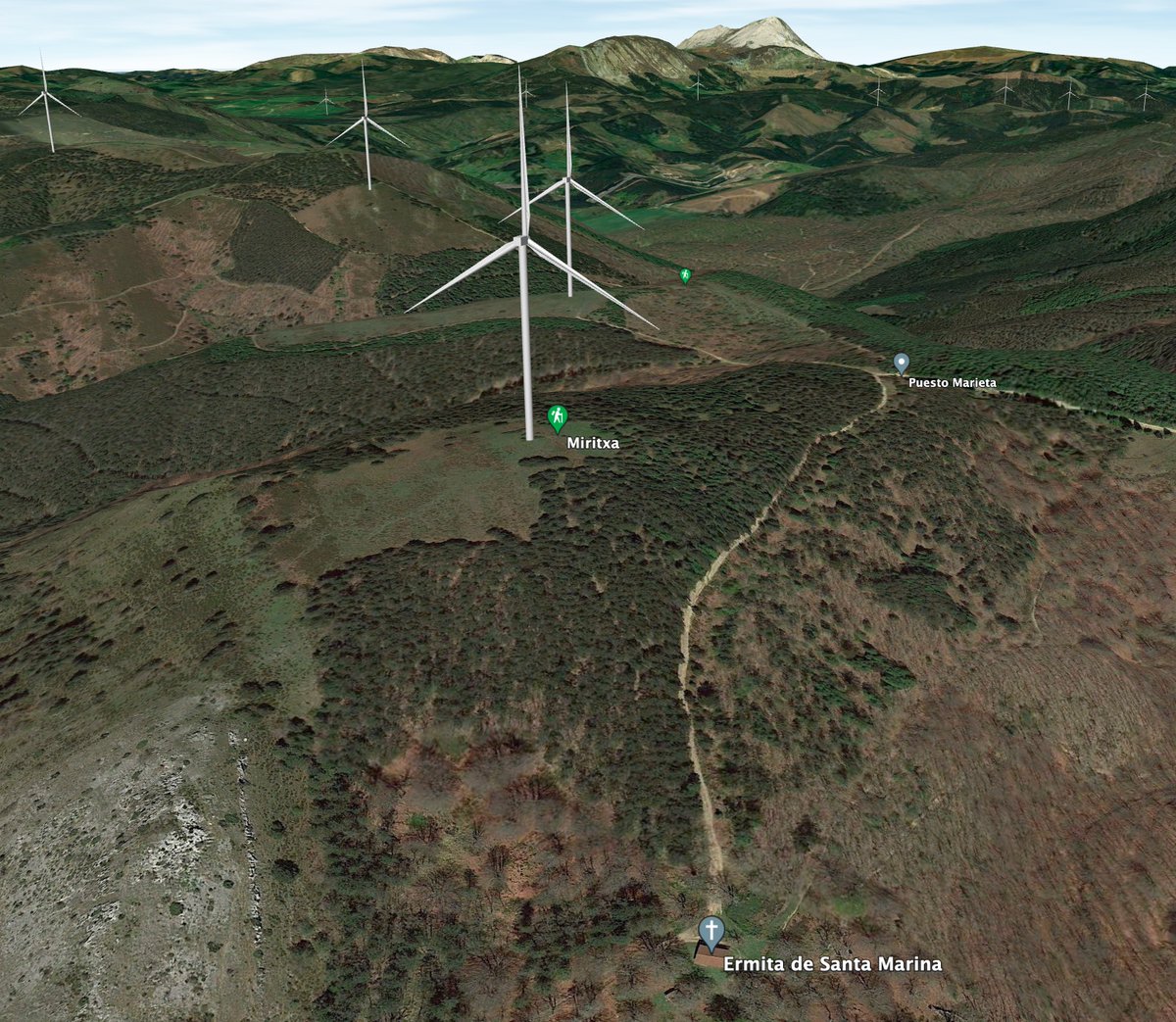 EAEn proiektatutako parke eolikoak Google Earth-en bistaratzea.

Momentuz, 79 errota, 13 proiektu. Nola ikusiko dira hainbat ikuspuntutatik?

Adibide batzuk: Azazeta, Cantoblanco, Labraza, Miritxa