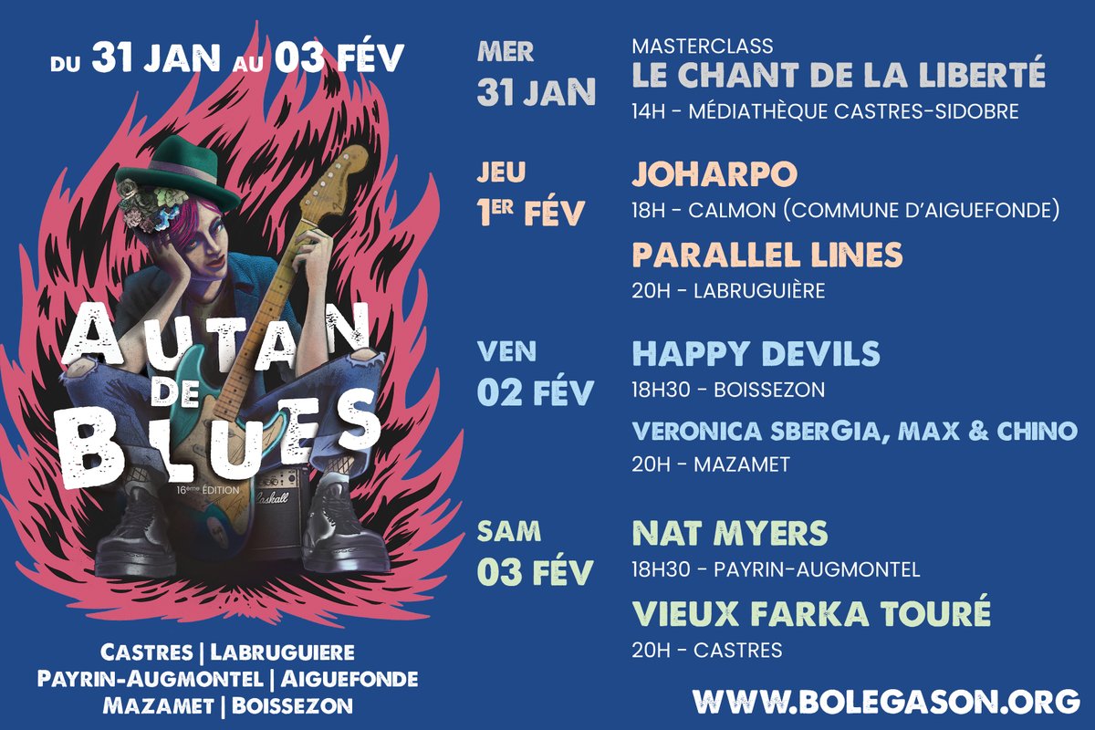 De Castres à Boissezon en passant par Mazamet, Payrin-Augmontel, Labruguière et Aiguefonde, 7 rendez-vous vous attendent dès demain, du 31 jan au 3 février, pour la 16ème édition du festival itinérant Autan de Blues ! 
🔎 𝙄𝙣𝙛𝙤𝙨 : bolegason.org