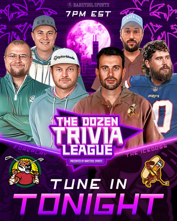 🚨 TONIGHT 🚨 The possibilities are endless as FOREPLAY (@RiggsBarstool @BarstoolTrent @FrankieBorrelli) takes on the ICEDOGS (Yandle, @dandrews61 @martymush) at 7|6c… Predictions? 📺: thedozentrivia.live
