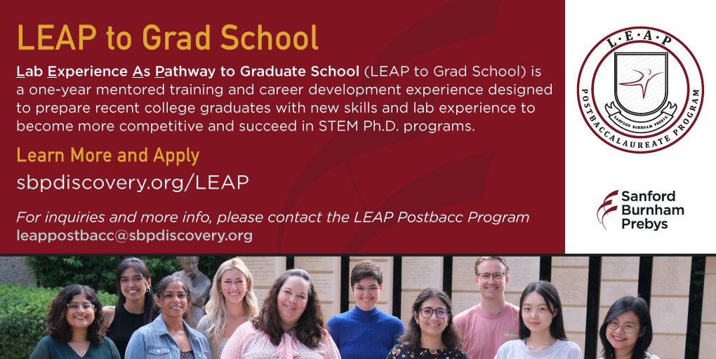 Our new training program, LEAP, is a unique opportunity to participate in a paid postbacc program that focuses on preparing students for research careers by helping them improve their skillset prior to graduate school. Visit: sbpdiscovery.org/biomedical-res…