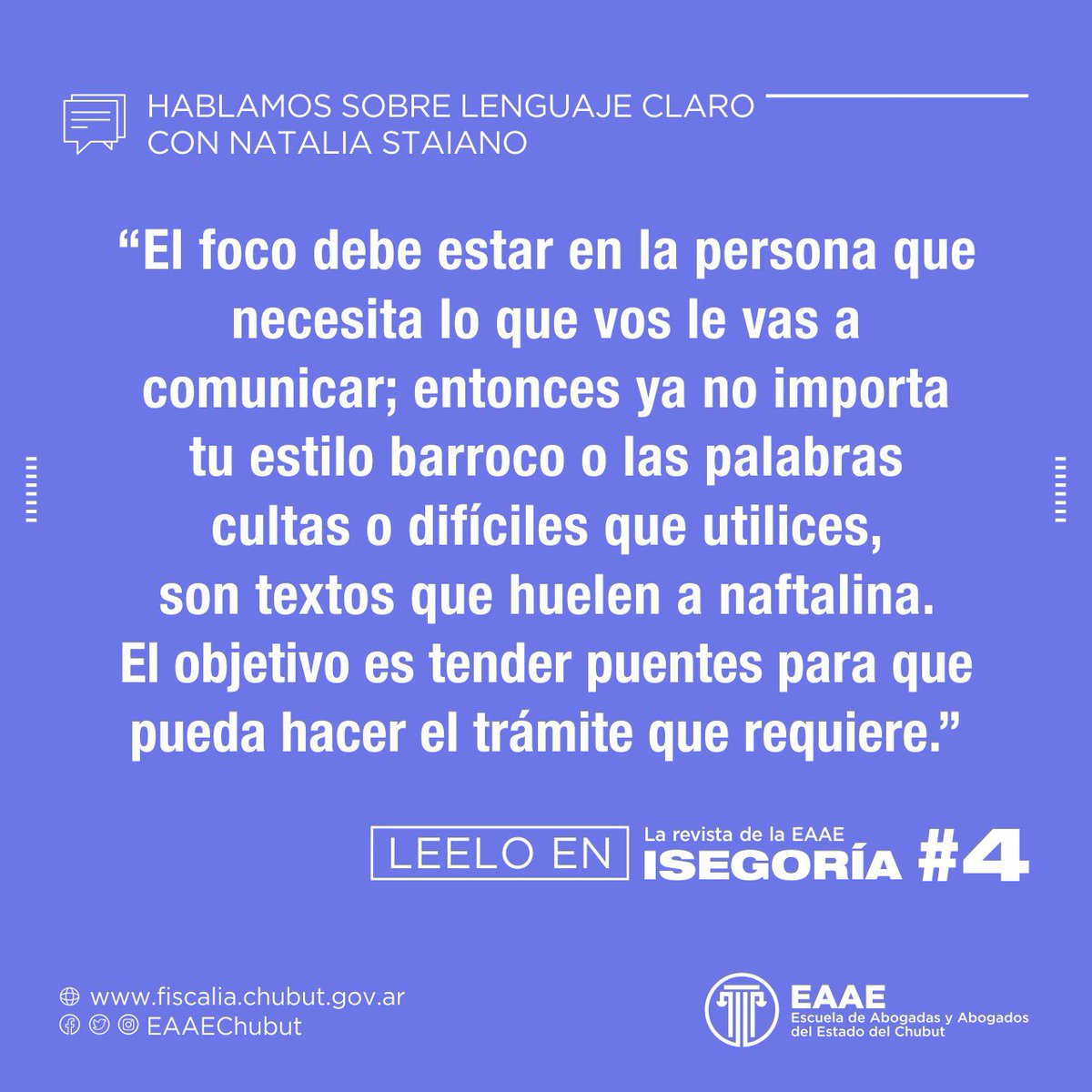EAAEChubut's tweet photo. El #lenguajeclaro no es una moda, es una necesidad y una obligación de la Administración, en todos sus niveles.
En el #4 de Isegoría, la revista de la #EAAE, hablamos con @nataliastaiano sobre el lenguaje claro y el derecho a comprender de las personas.
https://t.co/eve6w1tSEJ https://t.co/IsZm4gU0LG