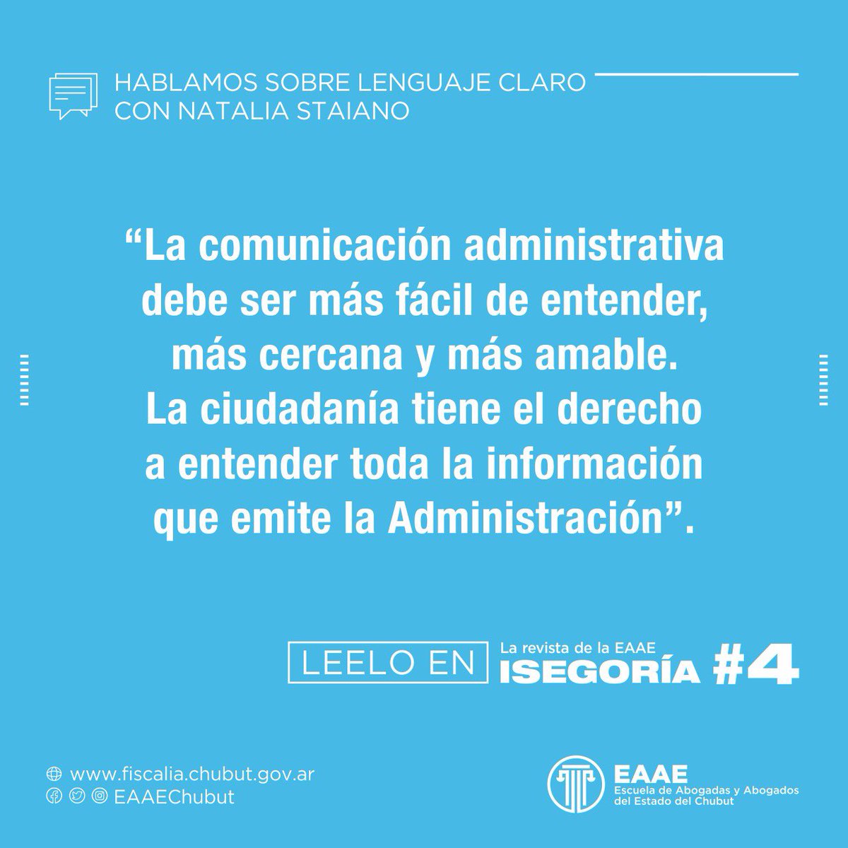 EAAEChubut's tweet photo. El #lenguajeclaro no es una moda, es una necesidad y una obligación de la Administración, en todos sus niveles.
En el #4 de Isegoría, la revista de la #EAAE, hablamos con @nataliastaiano sobre el lenguaje claro y el derecho a comprender de las personas.
https://t.co/eve6w1tSEJ https://t.co/IsZm4gU0LG