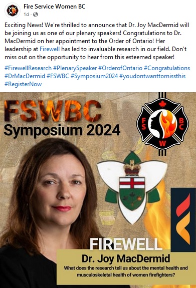 Our Scientific Director, Dr. <a href="/joymacdermid/">joy macdermid</a>, is looking forward to speaking at <a href="/FSwomenBC/">Fire Service Women BC</a>'s  inaugural symposium!

Registration is now open: fswbc.ca/events/fswbc-s…