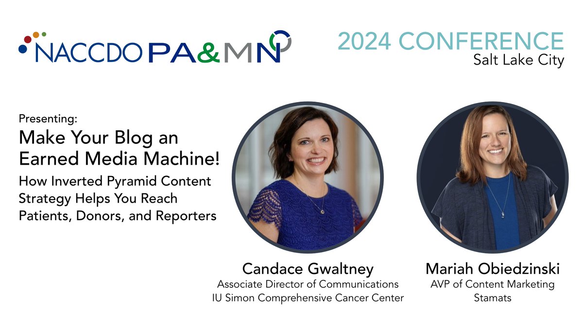 Back and even better! Join @candacegwaltney of @IUcancercenter and Stamats AVP @MariahWrites for their presentation on inverted pyramid content strategy at this year's @naccdo_pamn conf in Salt Lake City, May 20-23. ncipamn.org/conference/ #ContentStrategy #HealthCareContent