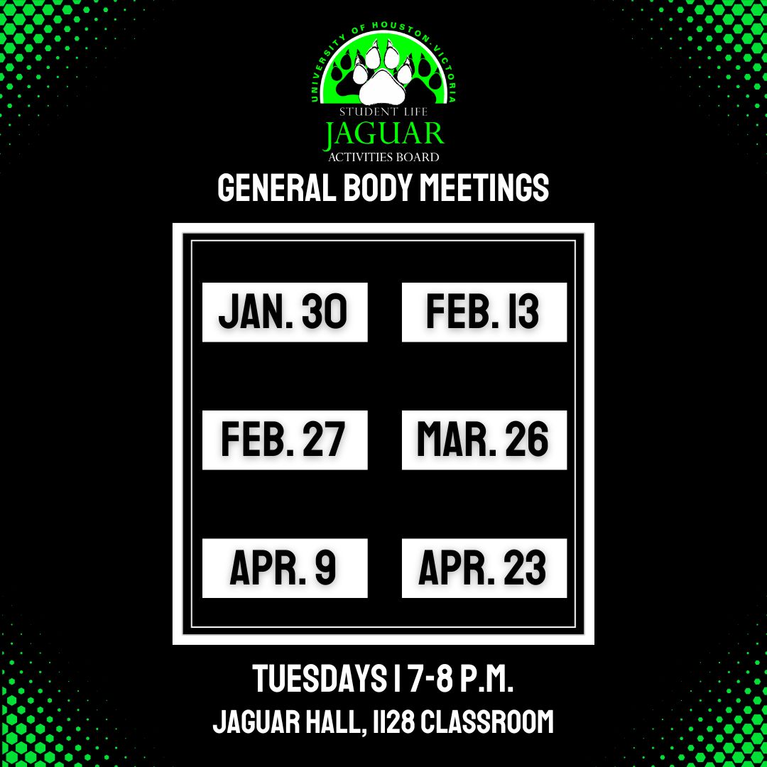 uhvjab's tweet photo. Join the Jaguar Activities Board as we host our first bi-weekly General Body Meeting TONIGHT in Jaguar Hall, 1128 Classroom starting at 7 p.m.! See you there! #UHV #UHVJAB #JAXNATION #UHVJagFam #UHVStudentLife https://t.co/CLOQnihIk0