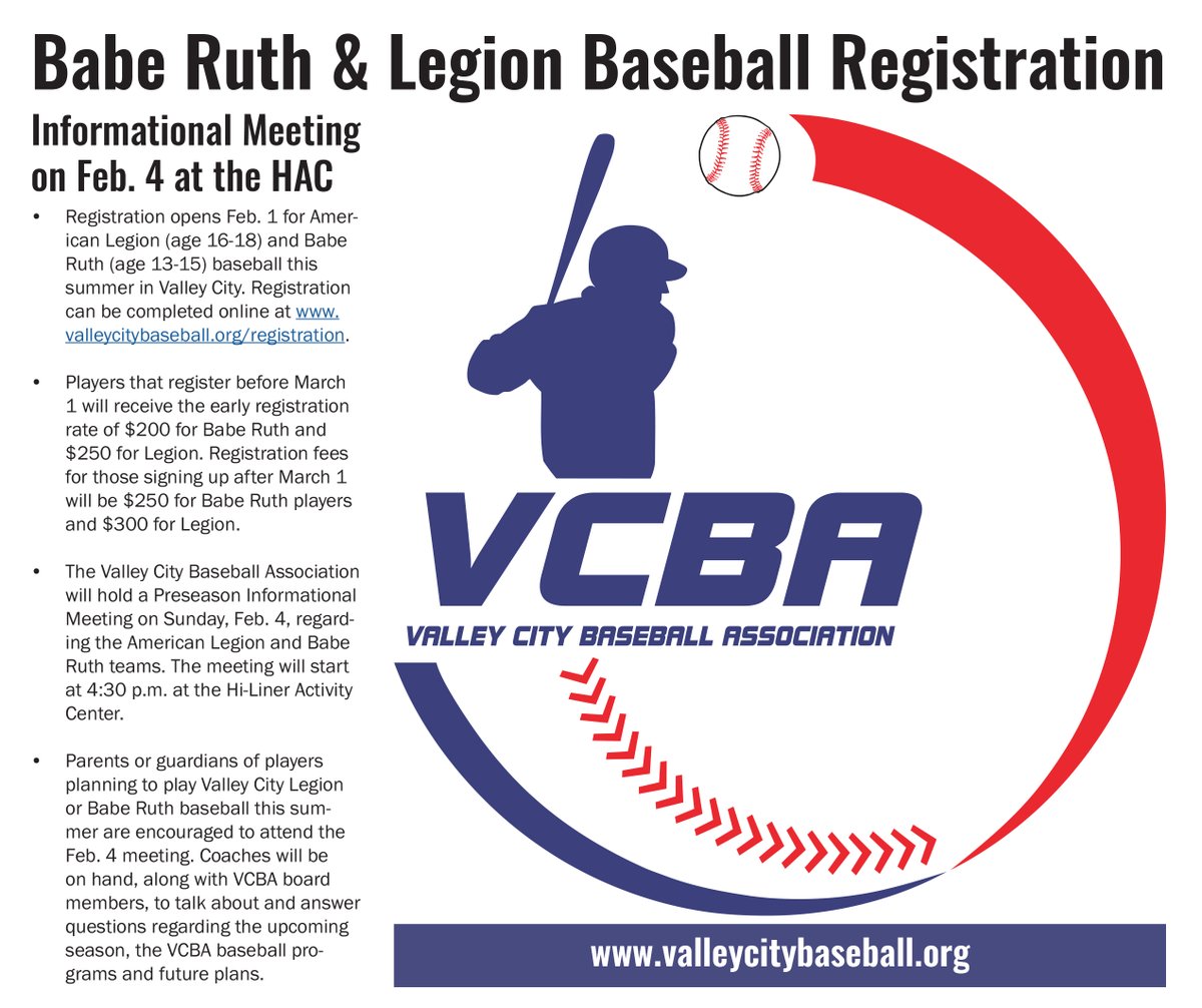 VCBABaseball's tweet image. Registration for our summer⚾️ programs begins Thursday!

Register in February &amp;amp; save $50 on VC Babe Ruth and @Legion_Post60 player fees!

A registration/informational meeting is scheduled for Sunday, Feb. 4, 4:30 p.m. at the HAC.

Online registration ⬇️
valleycitybaseball.org/registration